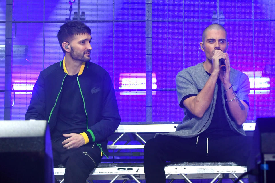 BIRMINGHAM, ENGLAND - NOVEMBER 20: Tom Parker and Max George of The Wanted perform during HITS Radio's HITS Live 2021 at Resorts World Arena on November 20, 2021 in Birmingham, England. (Photo by Anthony Devlin/Getty Images for BAUER)