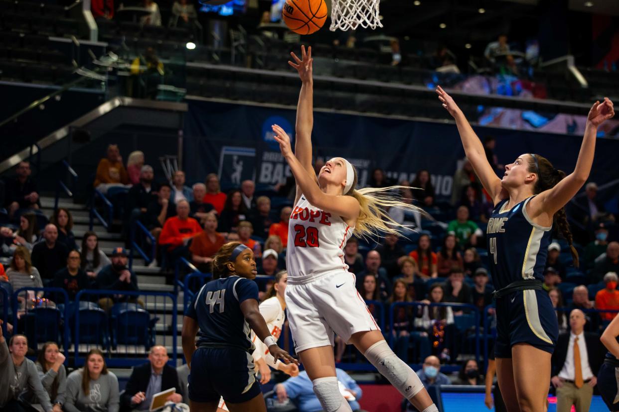 Hope's Kenedy Schoonveld takes a layup during a game against Trine Thursday, March 17, 2022, at UPMC Cooper Fieldhouse in Pittsburgh.