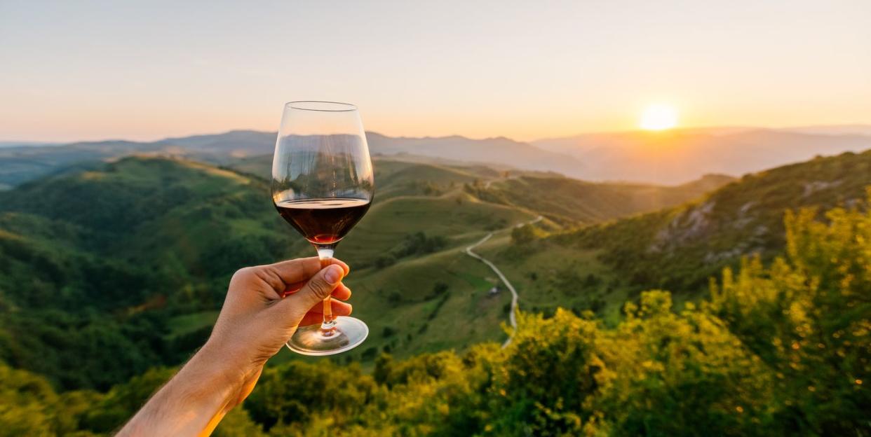 man holding a glass of red wine surrounded by hills and mountains at sunset, personal perspective pov