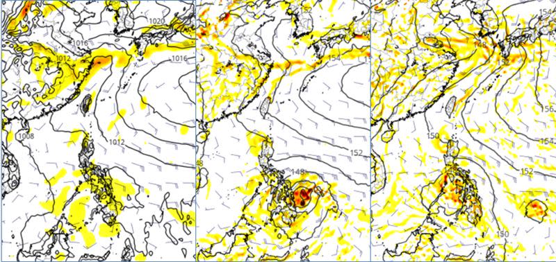 最新歐（左圖）、美（中圖）、加（右圖）模式模擬27日20時850百帕天氣圖皆顯示，在菲律賓東方海面至南海一帶有「熱帶擾動」發展的跡象。由於理論限制，模式模擬隨著時間，誤差累積，故一週後不同模式所模擬的位置、強度，存在明顯差異，需持續觀察。