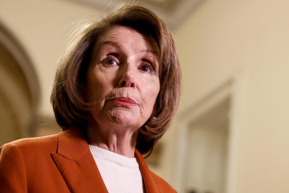 Former House Speaker Nancy Pelosi, D-Calif., speaks to reporters inside the U.S. Capitol Building about her husband Paul Pelosi's recovery on Jan. 27.