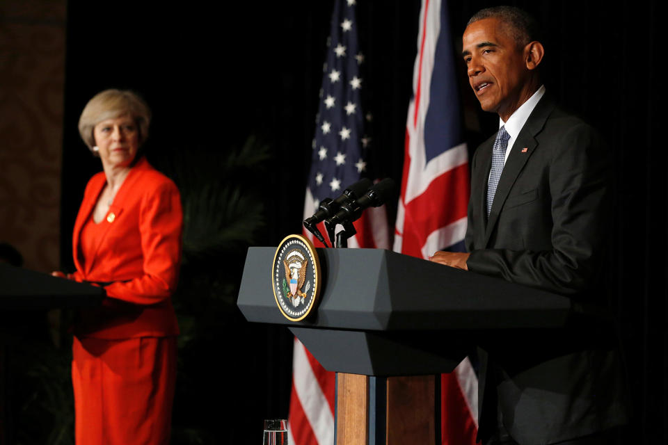 May and Obama speak to reporters after their bilateral meeting alongside the G20 Summit