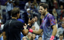 Tennis - US Open - Semifinals - New York, U.S. - September 8, 2017 - Rafael Nadal of Spain shakes hands with Juan Martin del Potro of Argentina after winning the match. REUTERS/Shannon Stapleton
