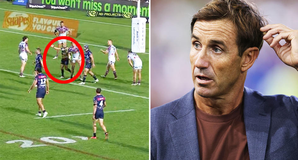 Harry Grant's decision take two points against Manly raised eyebrows after Andrew Johns was scathing towards the sloppy Storm in the NRL on Friday night. Pic: Nine/Getty 