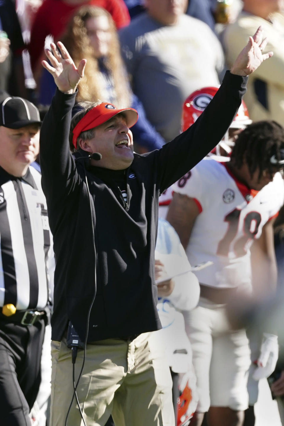 Georgia head coach Kirby Smart yells from the sideline in the second half of an NCAA college football game against Georgia Tech, Saturday, Nov. 27, 2021, in Atlanta. (AP Photo/John Bazemore)