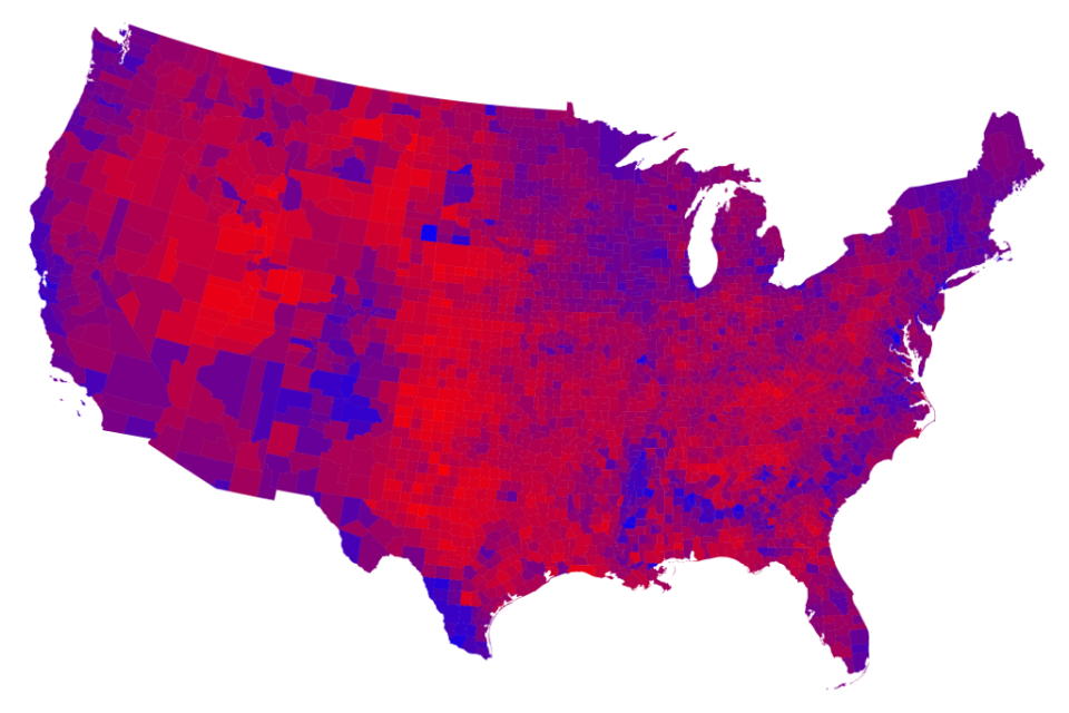The county results in red, blue and shades of purple indicate percentages of votes and show the mix of voters.