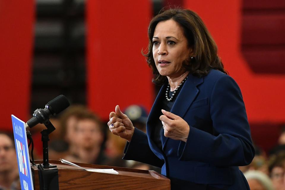 California Senator Kamala Harris speaks during a Democratic presidential candidate Joe Biden campaign rally at Renaissance High School in Detroit, Michigan on March 9, 2020. (Photo by MANDEL NGAN / AFP) (Photo by MANDEL NGAN/AFP via Getty Images)