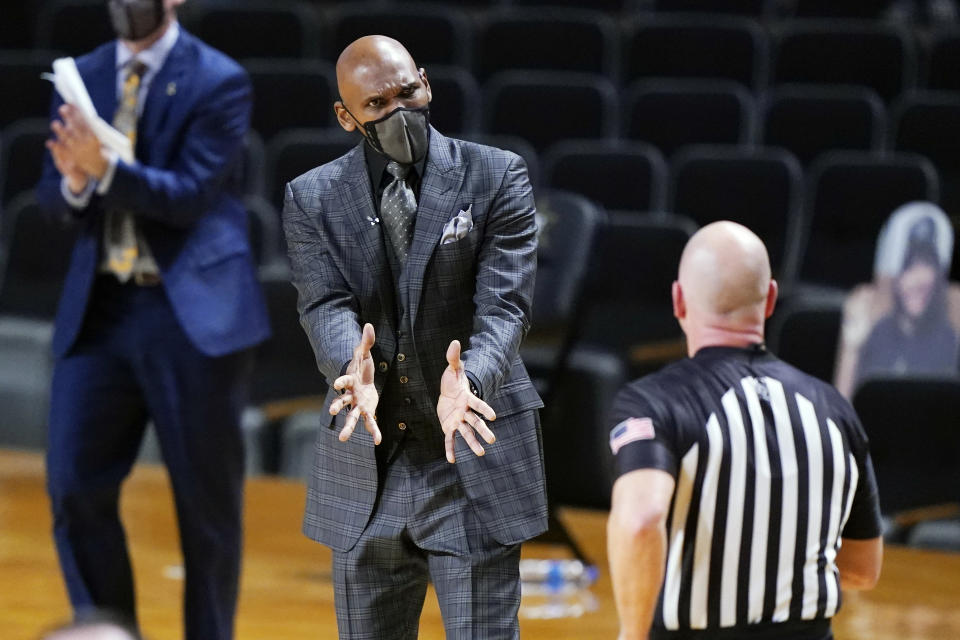 Vanderbilt head coach Jerry Stackhouse argues a call in the first half of an NCAA college basketball game against Mississippi State Saturday, Jan. 9, 2021, in Nashville, Tenn. (AP Photo/Mark Humphrey)