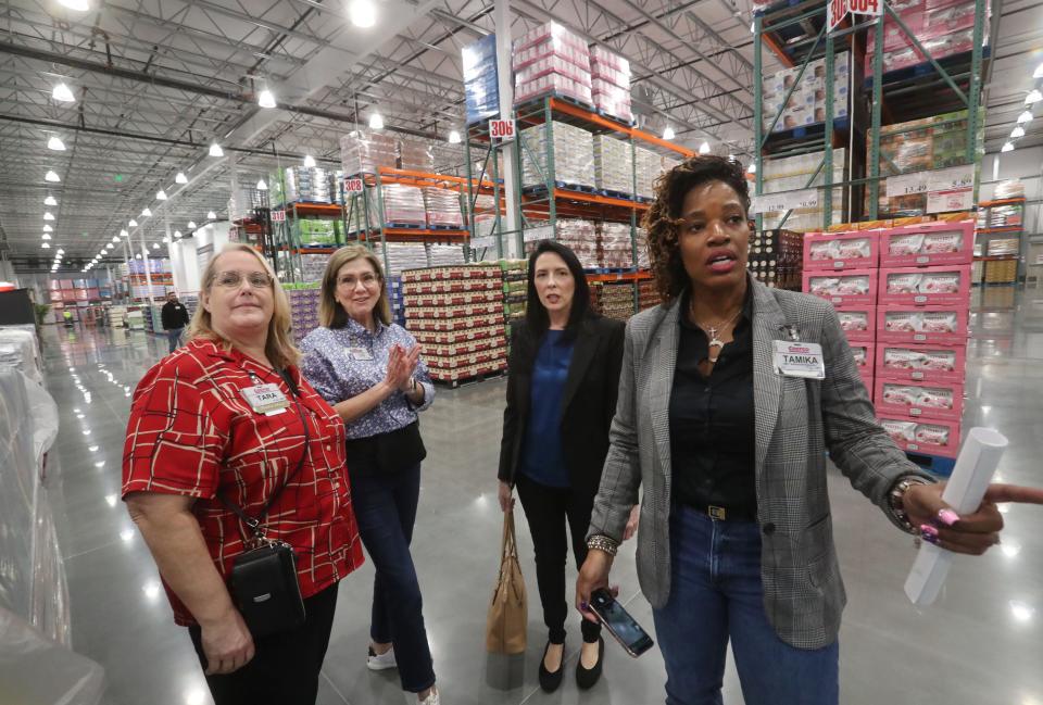 One Daytona President Roxanne Ribakoff, second from right, gets a preview tour of the lifestyle/entertainment center's new Costco store from Costco employees on Tuesday, Feb. 20, 2024. Pictured, left to right: Tara Coltman, Costco regional marketing manager for the Southeast, Linda Collins, corporate trainer, and Tamika Barbel, one of the new store's assistant general managers. The store is set to open 8 a.m. Thursday, Feb. 22.