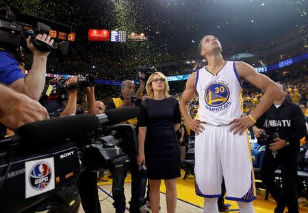 Golden State Warriors guard Stephen Curry (30) looks up at the video board following the 99-98 victory against the Houston Rockets in game two of the Western Conference Finals of the NBA Playoffs. at Oracle Arena. Mandatory Credit: Cary Edmondson-USA TODAY Sports