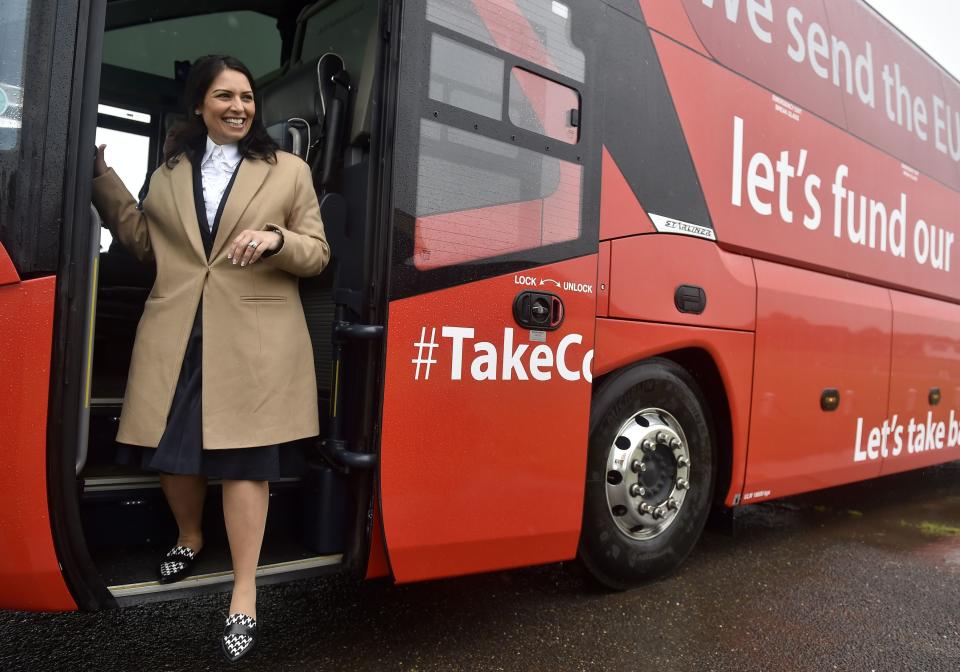 Priti Patel arrives at White Waltham Airfield in Maidenhead, Berkshire, to meet veterans who will outline why they are voting to leave the EU.