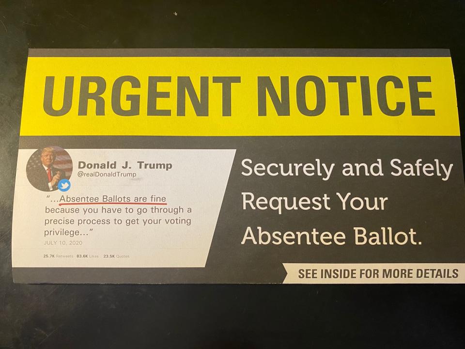 The South Carolina GOP is sending out a mailer that manipulates a tweet from President Donald Trump to make it appear that he supports voting by mail. (South Carolina GOP mailer)