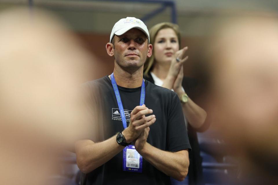 Andrew Richardson, coach of Emma Raducanu of Great Britain, cheers at the US Open (Getty)