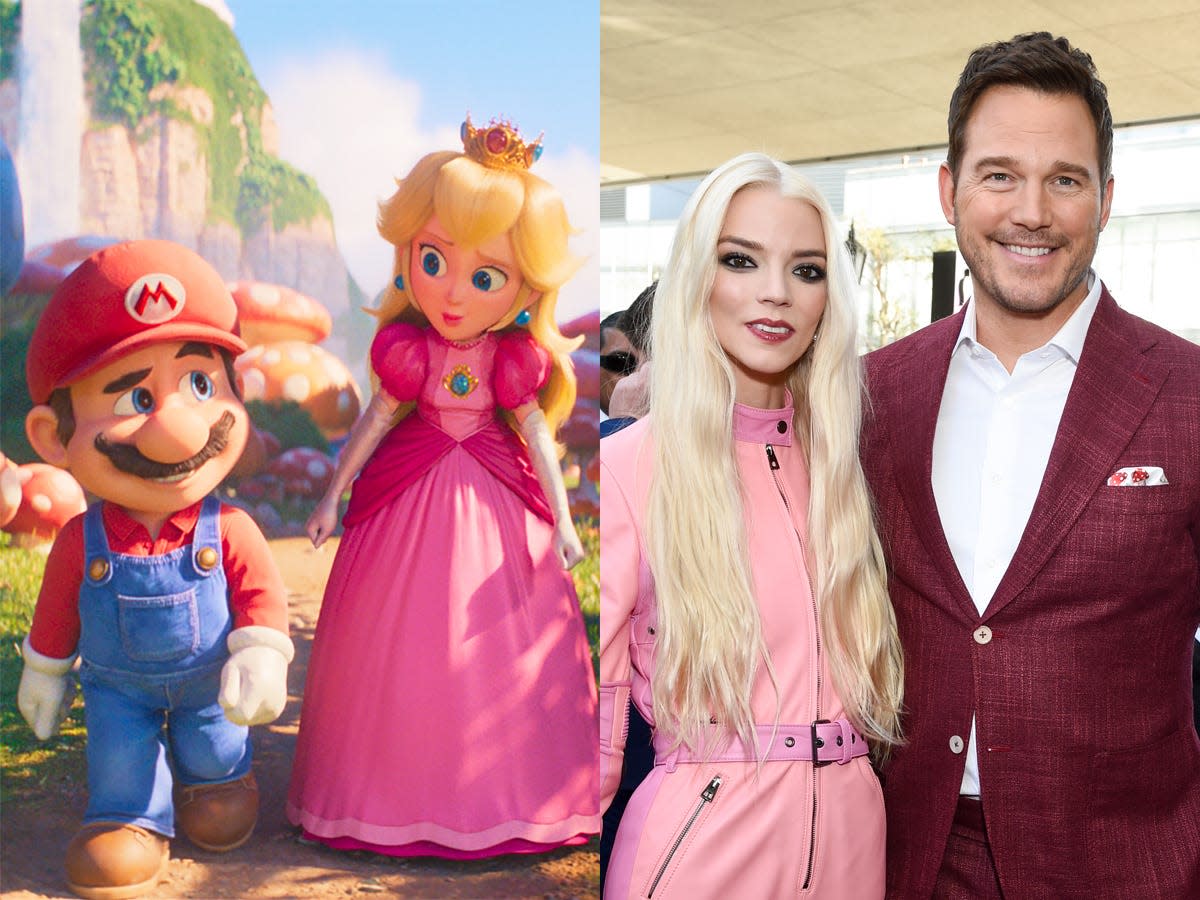 On the left: Mario and Princess Peach in "The Super Mario Bros. Movie." On the right: Anya Taylor-Joy and Chris Pratt at the LA premiere of "The Super Mario Bros. Movie."