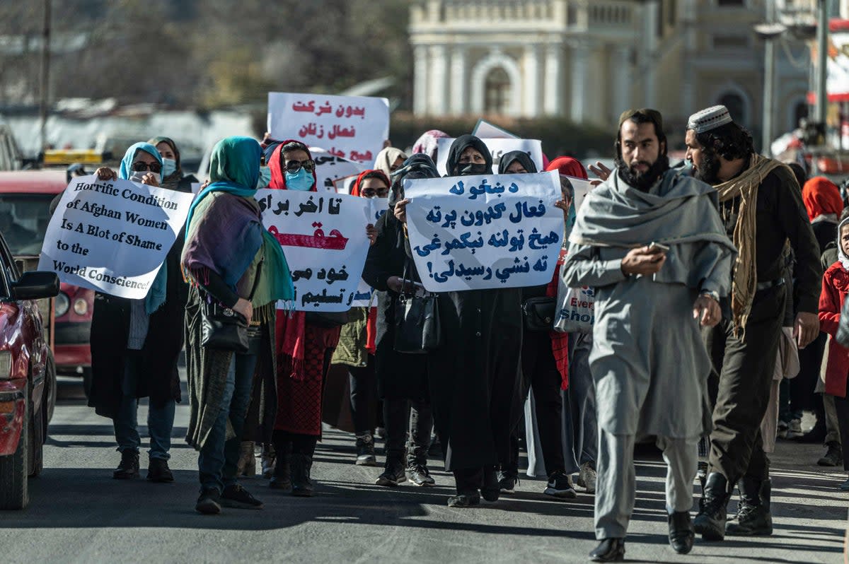 Women protest near a mosque in Kabul, calling for their rights to be recognised (AFP via Getty Images)