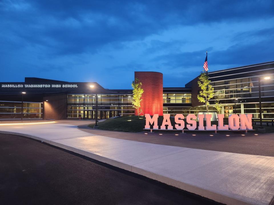 Washington High School has a new front plaza that features seating for outdoor classes as well as a large Massillon sign.