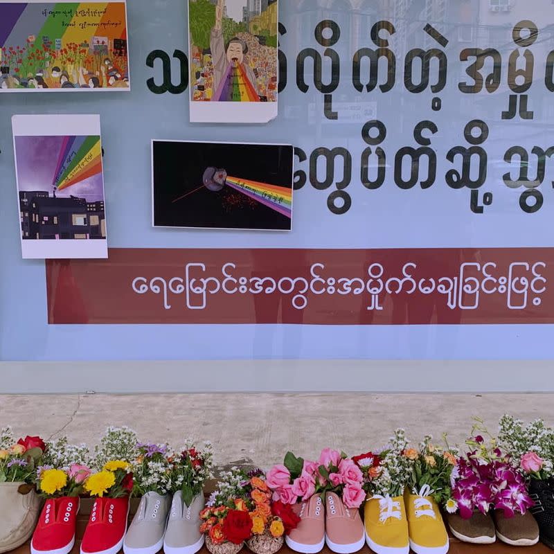 Shoes are seen during Marching Shoes Strike in honour of the people who have been killed since the start of the military coup, in Yangon