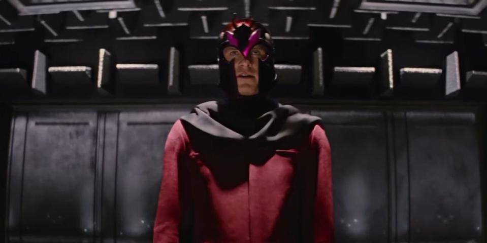 Erik dressed as Magneto in Emma Frost's cell in "X-Men: First Class"