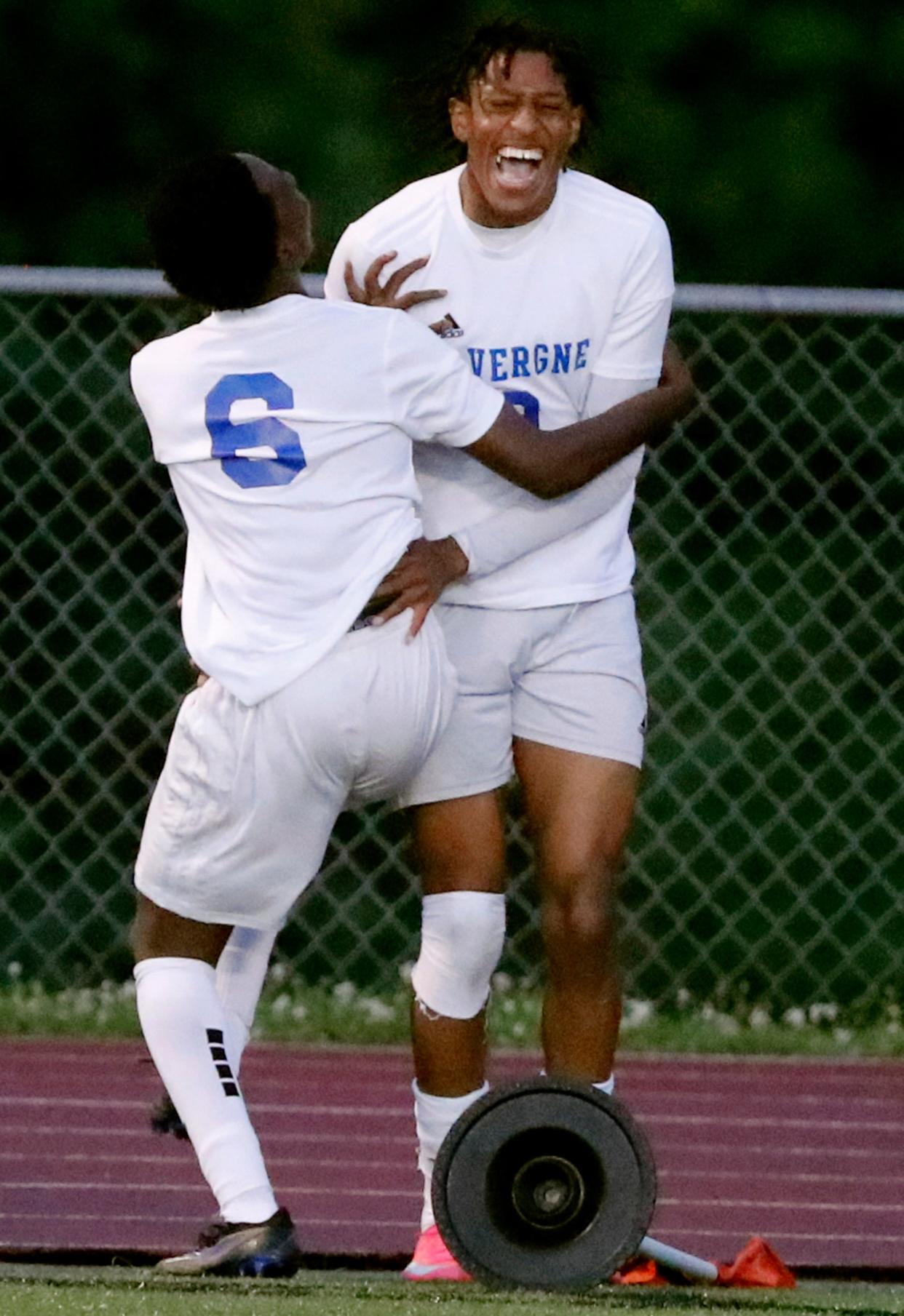 La Vergne senior Jordan Beslin (9) celebrates a goal with teammate Nico Escobar (6) during Tuesday's Region 4-AAA soccer semifinals against Blackman. Beslin scored two goals, giving him 31 on the season.