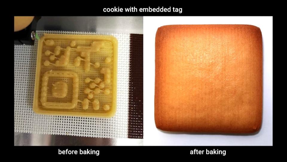 A 3D printed cookie QR code next to the baked cookie