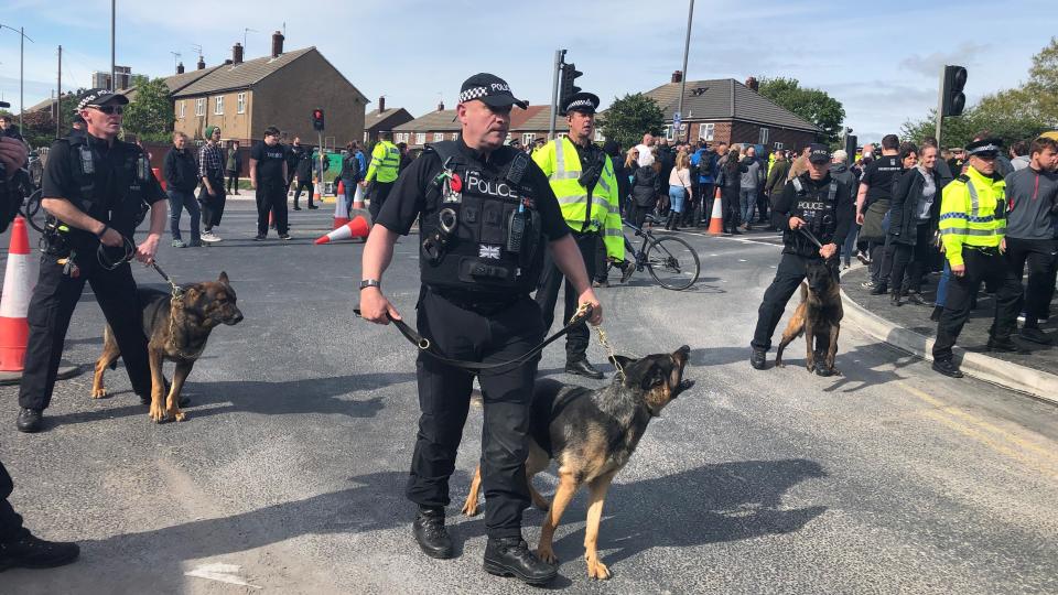 Robinson supporters and counter-protesters gathered in Bootle, Merseyside, ahead of the campaigner’s planned visit.