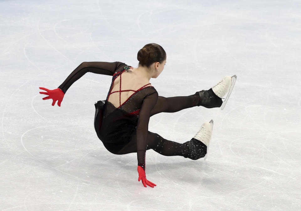 Kamila Valieva, pictured here falling in her final routine at the Winter Olympics.