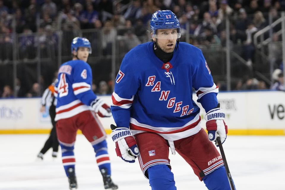 FILE - New York Rangers' Blake Wheeler (17) plays during the second period of an NHL hockey game against the Vancouver Canucks Monday, Jan. 8, 2024, in New York. Whenever Blake Wheeler was going through mental health challenges throughout his hockey career, he felt better when he talked about them and sought help. So, when the NHL Players' Association introduced a pilot program to teach the basics of mental health, Wheeler was on board to give it a try. On Wednesday, Jan. 10, 2024, the union unveiled its full “First Line” program, an initiative with Mental Health Commission of Canada that's now available to players who want to be educated on the topic. (AP Photo/Frank Franklin II, File)