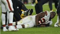 Cleveland Browns running back Nick Chubb, grimaces on the field after an injury during the first half of an NFL football game against the Pittsburgh Steelers Monday, Sept. 18, 2023, in Pittsburgh. (AP Photo/Matt Freed)
