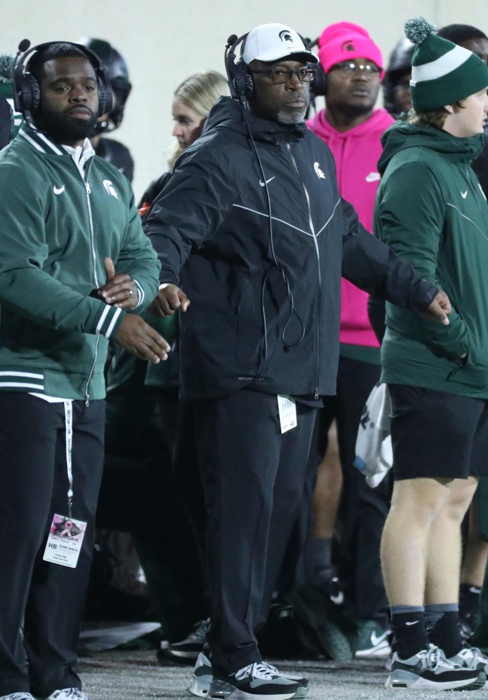 Michigan State Spartans interim head coach Harlon Barnett on the sidelines during the 49-0 loss to the Michigan Wolverines at Spartan Stadium in East Lansing on Saturday, Oct. 21, 2023.