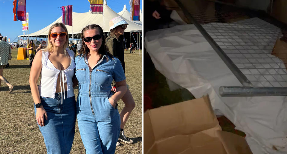 A photo of small business owners Ebany and Olivia of Australian fashion label, Ellore, at Splendour in the Grass in Byron Bay. A photo of a metal fence fallen over the Ellore stock behind the stall, which was fenced up.