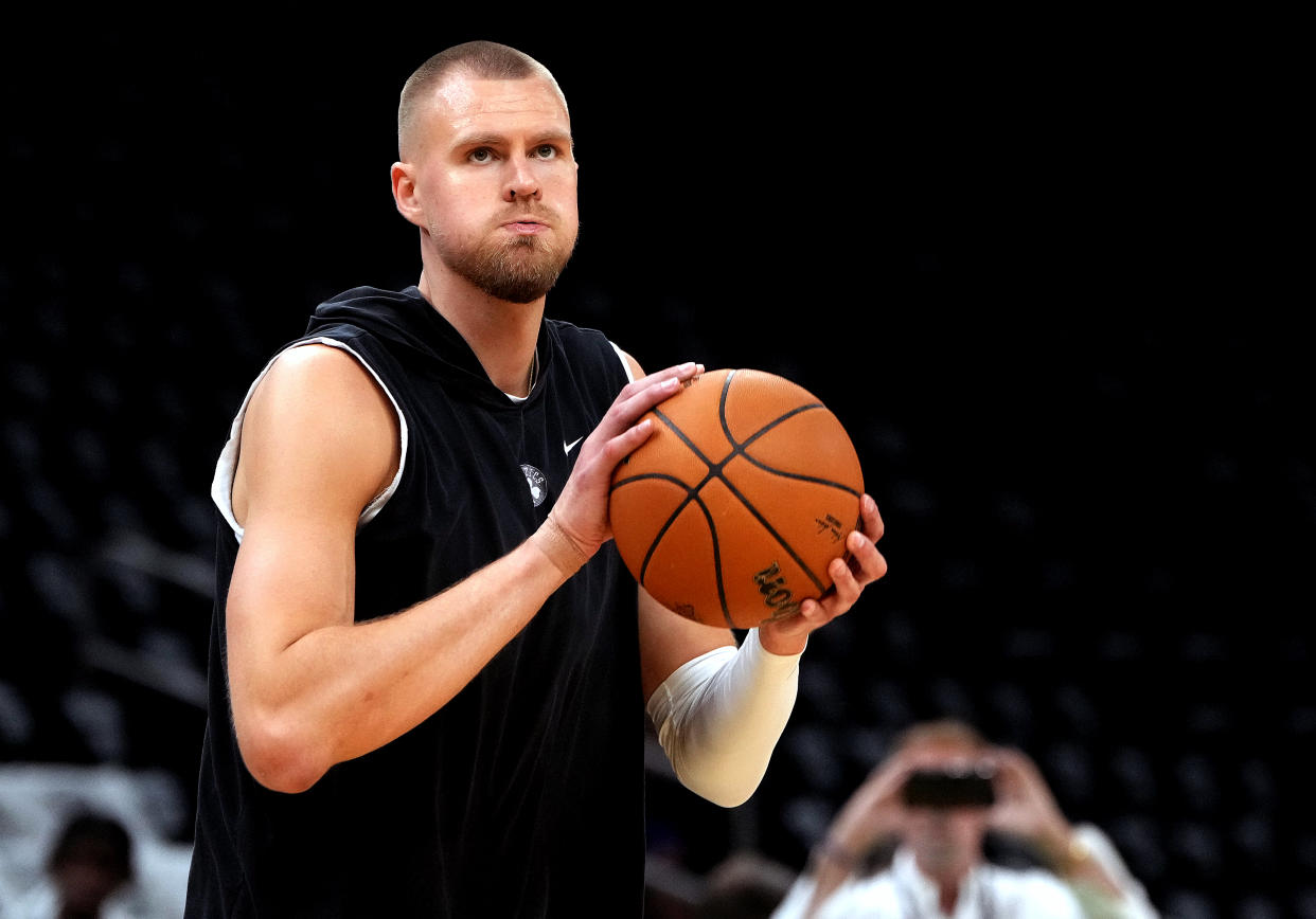 Boston, MA - June 17: Boston Celtics center Kristaps Porzingis works out before Game 5 of the 2024 NBA Finals. (Photo by Barry Chin/The Boston Globe via Getty Images)