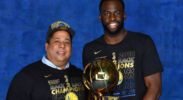 Noordin Said with Draymond Green after the Warriors won the 2018 NBA championship. (Courtesy of Samantha Said)