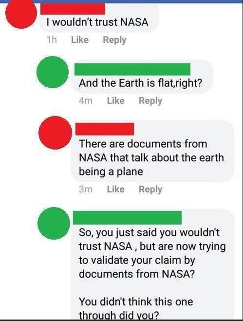 person who says i wouldn't trust nasa and they ciite nasa as their source as to why