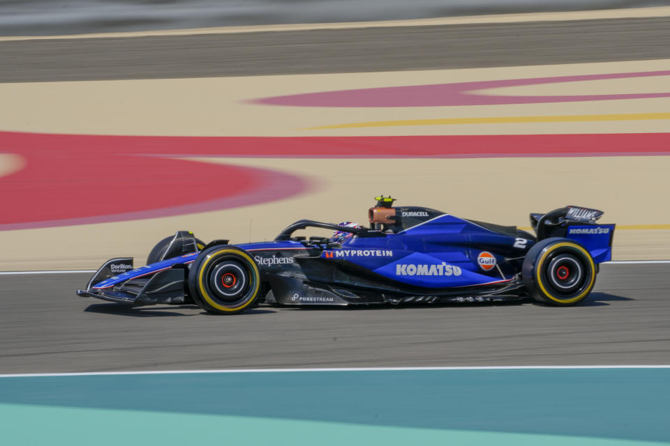 Williams driver Logan Sargeant of the US steers his car for a Formula One pre season test at the Bahrain International Circuit in Sakhir, Bahrain, Thursday, Feb. 22, 2024. (AP Photo/Darko Bandic)