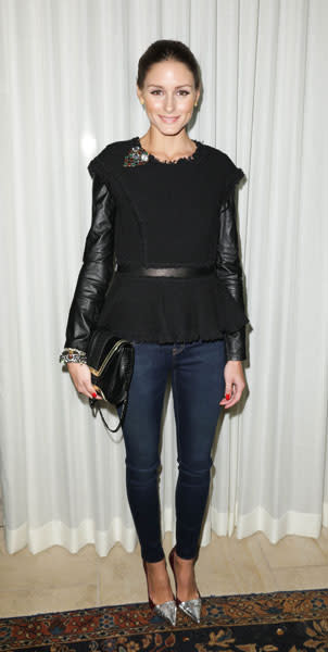 <b>Olivia Palermo </b><br><br>The former reality star continued her winning fashion streak in a leather sleeved peplum top and dark-wash jeans at the Yliana Yepez fall 2013 handbag launch in New York<br><br>Image © Rex