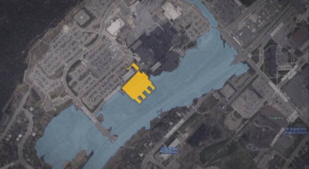 The new mental health facility, in yellow, will be build on a flood plain in St. John's that includes the Health Sciences Centre, according to this map provided by the City of St. John's. (City of St. John's - image credit)