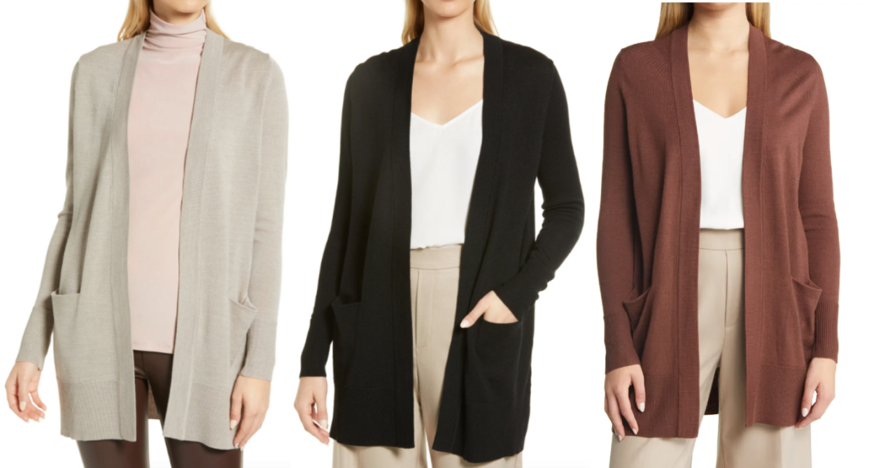 Models wear Nordstrom Everyday Open Front Cardigan in cream, black and brown