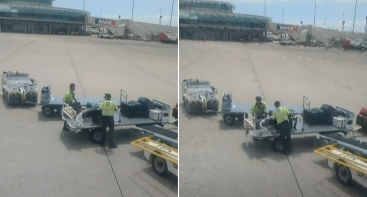 Qantas baggage handlers pictured on the tarmac in Sydney.