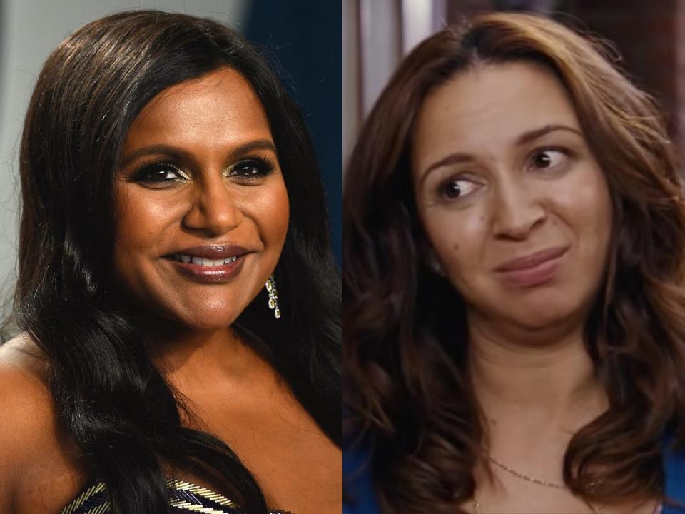 side by side images of mindy kaling on the red carpet and maya rudolph in bridesmaids