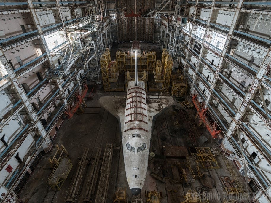 One of the two abandoned space shuttles in the Baikonur Cosmodrome in Kazakhstan.