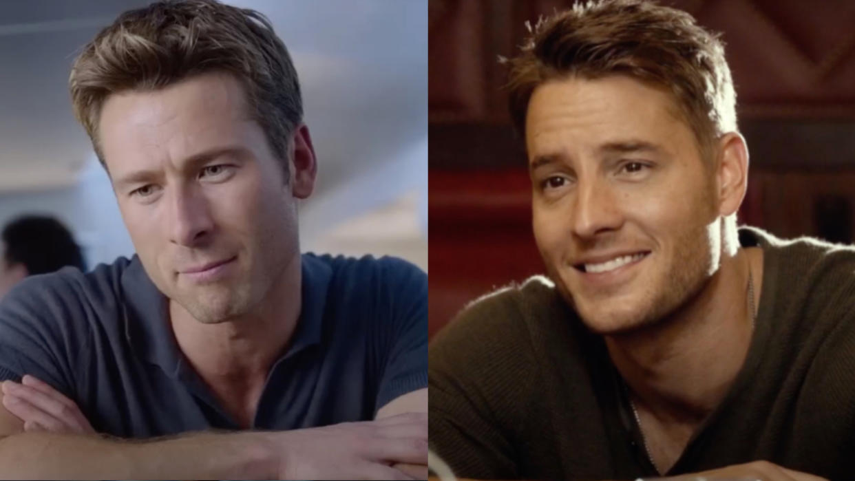  Glen Powell in Anyone But You/Justin Hartley in This Is Us (side by side). 