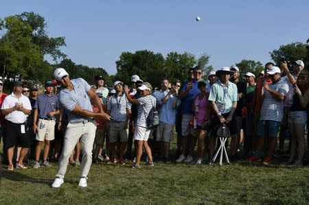 Aug 11, 2018; Saint Louis, MO, USA; Brooks Koepka hits out of the rough on the 15th hole during the third round of the PGA Championship golf tournament at Bellerive Country Club. Mandatory Credit: Jeff Curry-USA TODAY Sports