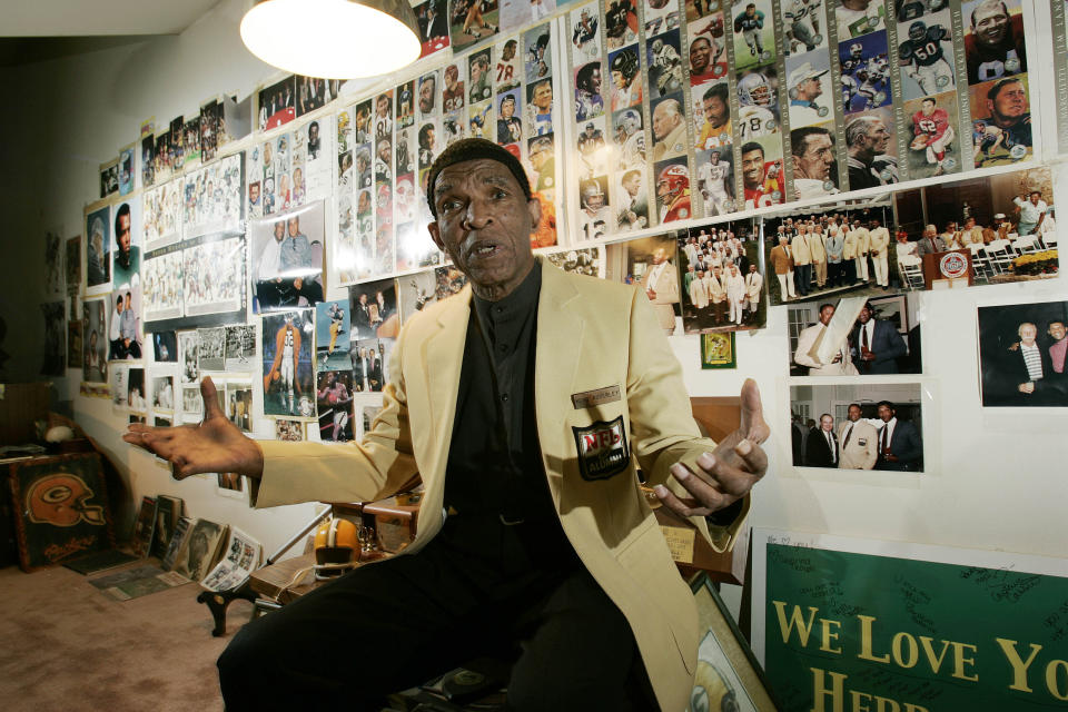 FILE - In this Oct. 2, 2008, file photo, former NFL player Herb Adderley speaks as he sits in a room full of memorabilia from his playing days at his home in Mantua, N.J. Hall of Fame cornerback Herb Adderley has died. He was 81. His death was confirmed Friday, Oct. 30, 2020, on Twitter by nephew Nasir Adderley, a safety for the Los Angeles Chargers. Adderley played on six NFL title teams over a 12-year career with Green Bay and Dallas. (AP Photo/Mel Evans, File)