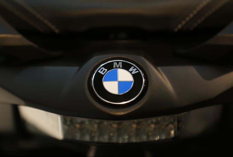 The logo of BMW is seen on a scooter in Rome