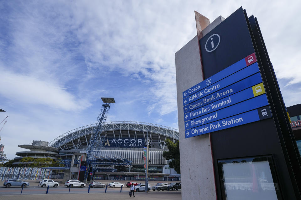 Accor Stadium in Sydney, Australia, Wednesday, May 31, 2023. The Sydney Olympic Stadium will host FIFA Women's World Cup matches later in 2023 with the opening game in Australia on July 17 and the final on August 20. (AP Photo/Mark Baker)