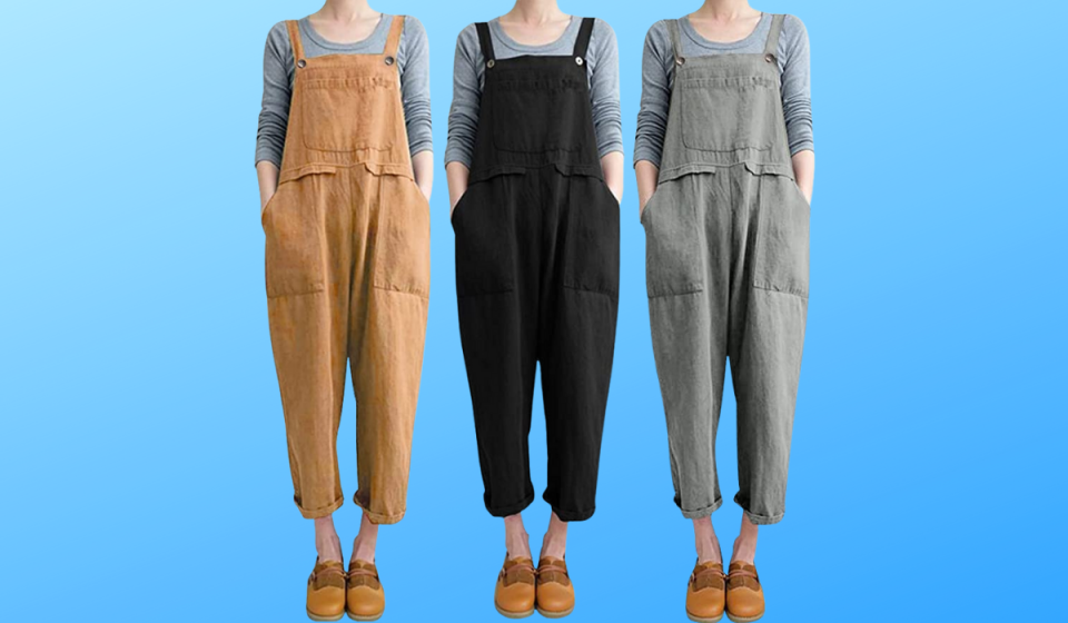 Three people wearing overalls in different colors. 