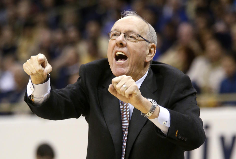 Syracuse coach Jim Boeheim yells to his team during the first half of an NCAA college basketball game against Pittsburgh on Wednesday, Feb. 12, 2014, in Pittsburgh. Syracuse won 58-56. (AP Photo/Keith Srakocic)