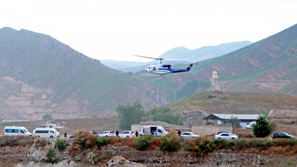 PHOTO: The helicopter carrying Iranian President Ebrahim Raisi takes off at the Iranian border with Azerbaijan after President Raisi and his Azeri counterpart Ilham Aliyev inaugurated dam of Qiz Qalasi, or Castel of Girl in Azeri, Iran, May 19, 2024.  (Ali Hamed Haghdoust/AP)