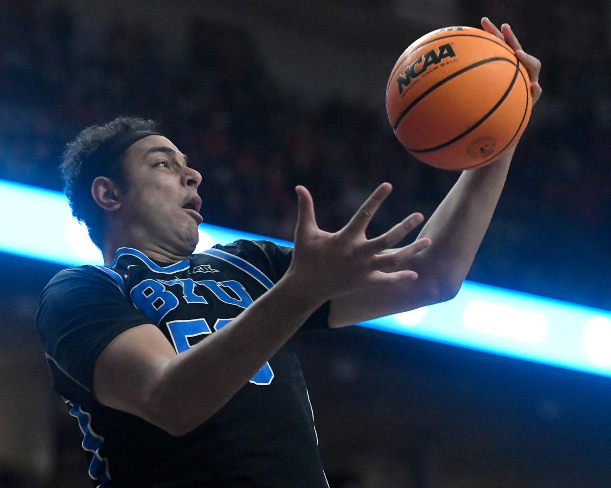 BYU's center Aly Khalifa (50) rebounds the ball against Texas Tech in a Big 12 basketball game, Saturday, Jan. 20, 2024, at United Supermarkets Arena.