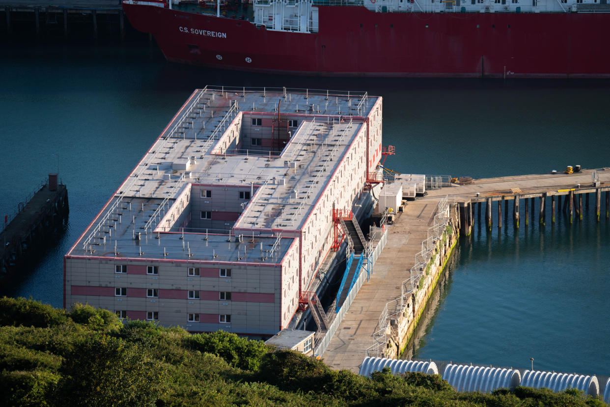 The Bibby Stockholm accommodation barge at Portland Port in Dorset, which will house up to 500 people. The Home Office have said around 50 asylum seekers would board the Bibby Stockholm, with the numbers rising to its maximum capacity over the coming months, despite safety concerns raised by some of the county's Conservative MPs and locals. Picture date: Monday August 7, 2023. (Photo by James Manning/PA Images via Getty Images)